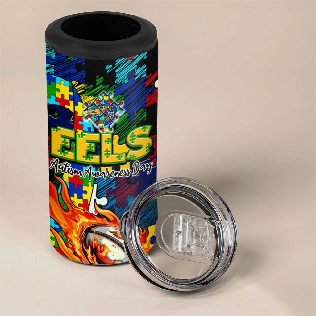 Eels Autism Awareness 4 in 1 Can Cooler Tumbler Puzzle Flames Rugby Ball