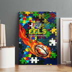 Eels Autism Awareness Canvas Wall Art Puzzle Flames Rugby Ball