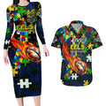 Eels Autism Awareness Couples Matching Long Sleeve Bodycon Dress and Hawaiian Shirt Puzzle Flames Rugby Ball