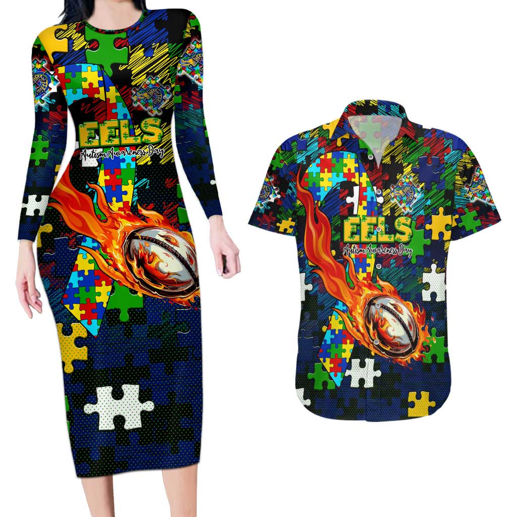 Eels Autism Awareness Couples Matching Long Sleeve Bodycon Dress and Hawaiian Shirt Puzzle Flames Rugby Ball