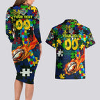 Eels Autism Awareness Couples Matching Long Sleeve Bodycon Dress and Hawaiian Shirt Puzzle Flames Rugby Ball