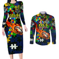 Eels Autism Awareness Couples Matching Long Sleeve Bodycon Dress and Long Sleeve Button Shirt Puzzle Flames Rugby Ball