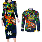 Eels Autism Awareness Couples Matching Long Sleeve Bodycon Dress and Long Sleeve Button Shirt Puzzle Flames Rugby Ball