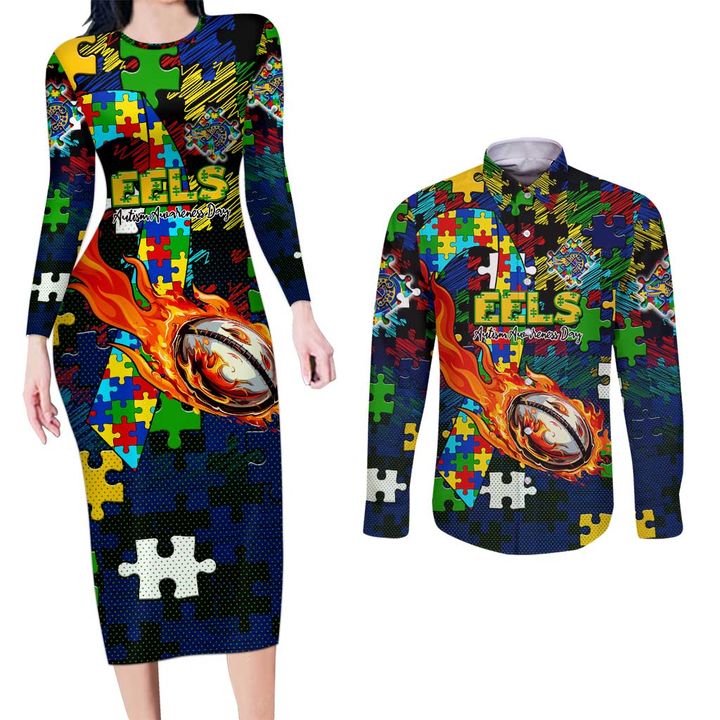 Eels Autism Awareness Couples Matching Long Sleeve Bodycon Dress and Long Sleeve Button Shirt Puzzle Flames Rugby Ball
