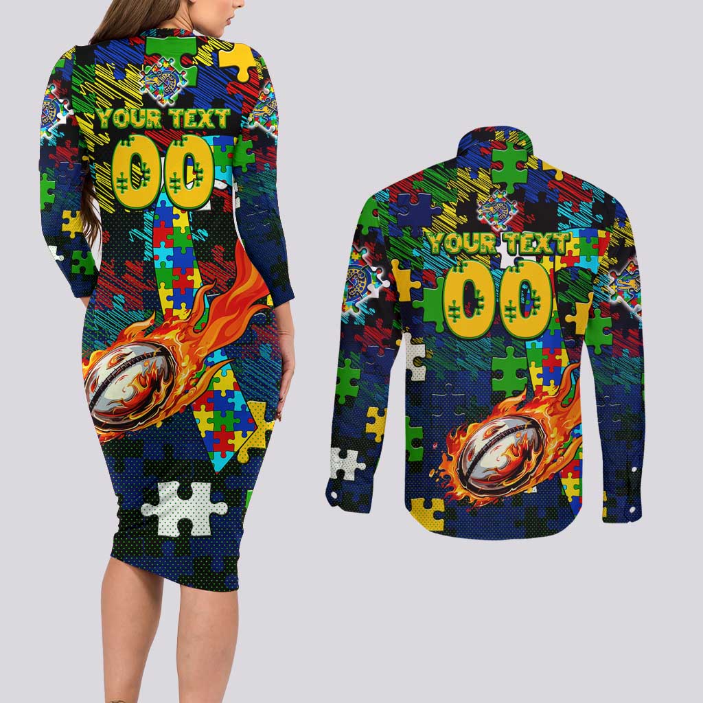 Eels Autism Awareness Couples Matching Long Sleeve Bodycon Dress and Long Sleeve Button Shirt Puzzle Flames Rugby Ball