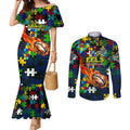Eels Autism Awareness Couples Matching Mermaid Dress and Long Sleeve Button Shirt Puzzle Flames Rugby Ball