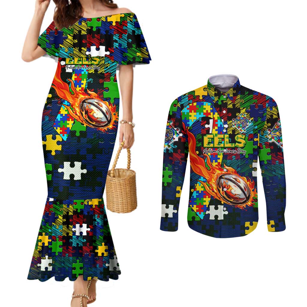 Eels Autism Awareness Couples Matching Mermaid Dress and Long Sleeve Button Shirt Puzzle Flames Rugby Ball