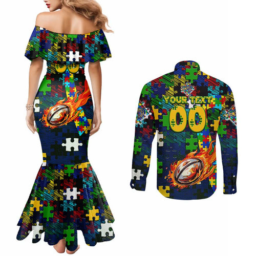 Eels Autism Awareness Couples Matching Mermaid Dress and Long Sleeve Button Shirt Puzzle Flames Rugby Ball