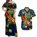 Eels Autism Awareness Couples Matching Off Shoulder Maxi Dress and Hawaiian Shirt Puzzle Flames Rugby Ball