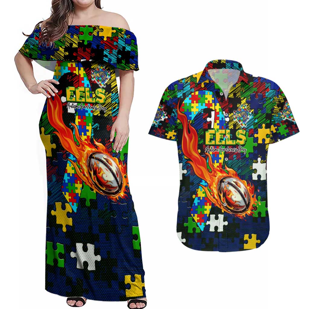 Eels Autism Awareness Couples Matching Off Shoulder Maxi Dress and Hawaiian Shirt Puzzle Flames Rugby Ball