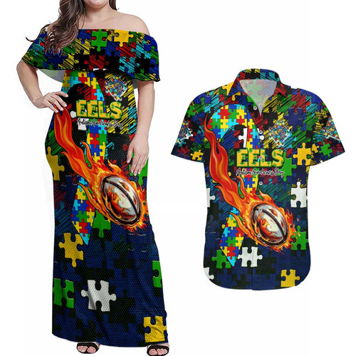 Eels Autism Awareness Couples Matching Off Shoulder Maxi Dress and Hawaiian Shirt Puzzle Flames Rugby Ball
