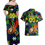 Eels Autism Awareness Couples Matching Off Shoulder Maxi Dress and Hawaiian Shirt Puzzle Flames Rugby Ball