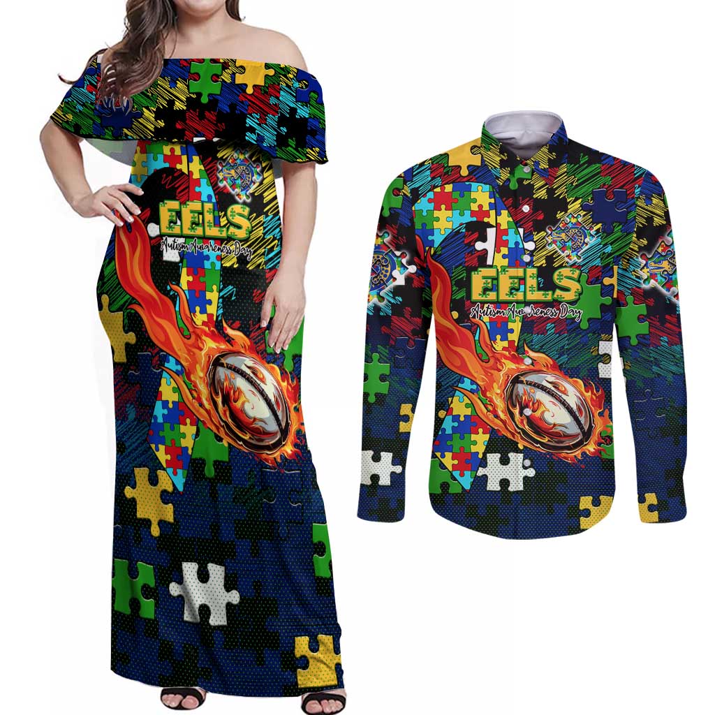 Eels Autism Awareness Couples Matching Off Shoulder Maxi Dress and Long Sleeve Button Shirt Puzzle Flames Rugby Ball