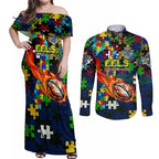 Eels Autism Awareness Couples Matching Off Shoulder Maxi Dress and Long Sleeve Button Shirt Puzzle Flames Rugby Ball
