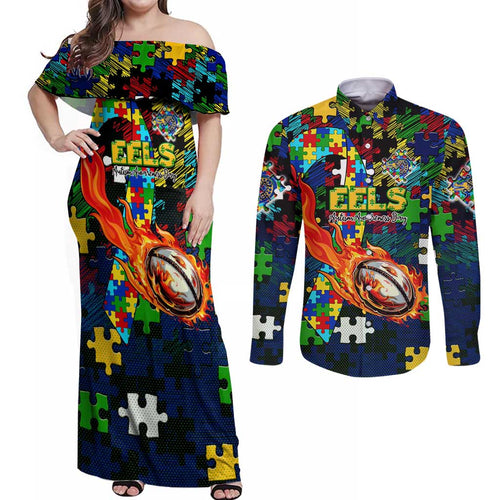 Eels Autism Awareness Couples Matching Off Shoulder Maxi Dress and Long Sleeve Button Shirt Puzzle Flames Rugby Ball