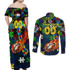 Eels Autism Awareness Couples Matching Off Shoulder Maxi Dress and Long Sleeve Button Shirt Puzzle Flames Rugby Ball