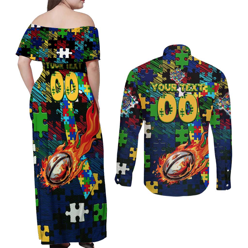 Eels Autism Awareness Couples Matching Off Shoulder Maxi Dress and Long Sleeve Button Shirt Puzzle Flames Rugby Ball