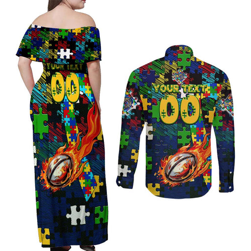 Eels Autism Awareness Couples Matching Off Shoulder Maxi Dress and Long Sleeve Button Shirt Puzzle Flames Rugby Ball