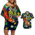 Eels Autism Awareness Couples Matching Off Shoulder Short Dress and Hawaiian Shirt Puzzle Flames Rugby Ball