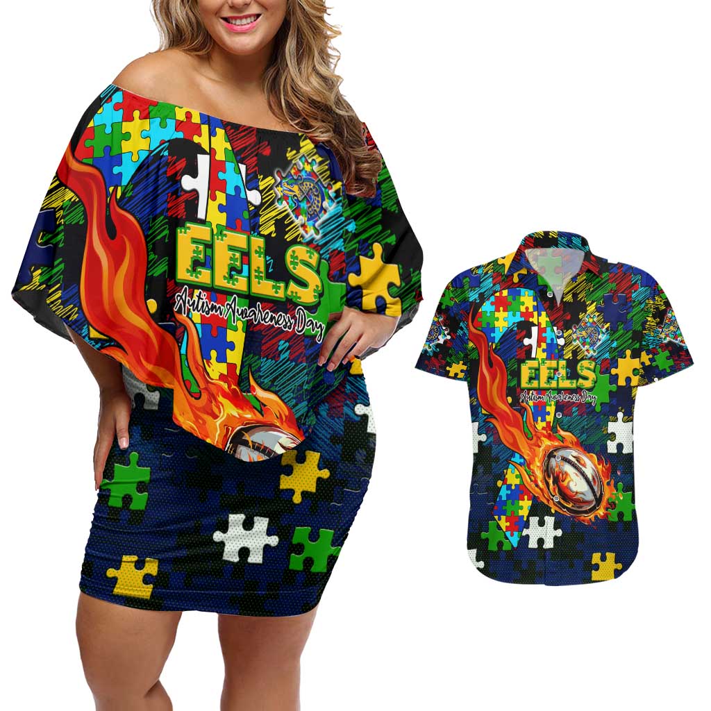 Eels Autism Awareness Couples Matching Off Shoulder Short Dress and Hawaiian Shirt Puzzle Flames Rugby Ball