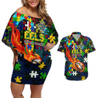 Eels Autism Awareness Couples Matching Off Shoulder Short Dress and Hawaiian Shirt Puzzle Flames Rugby Ball