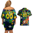 Eels Autism Awareness Couples Matching Off Shoulder Short Dress and Hawaiian Shirt Puzzle Flames Rugby Ball