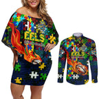 Eels Autism Awareness Couples Matching Off Shoulder Short Dress and Long Sleeve Button Shirt Puzzle Flames Rugby Ball