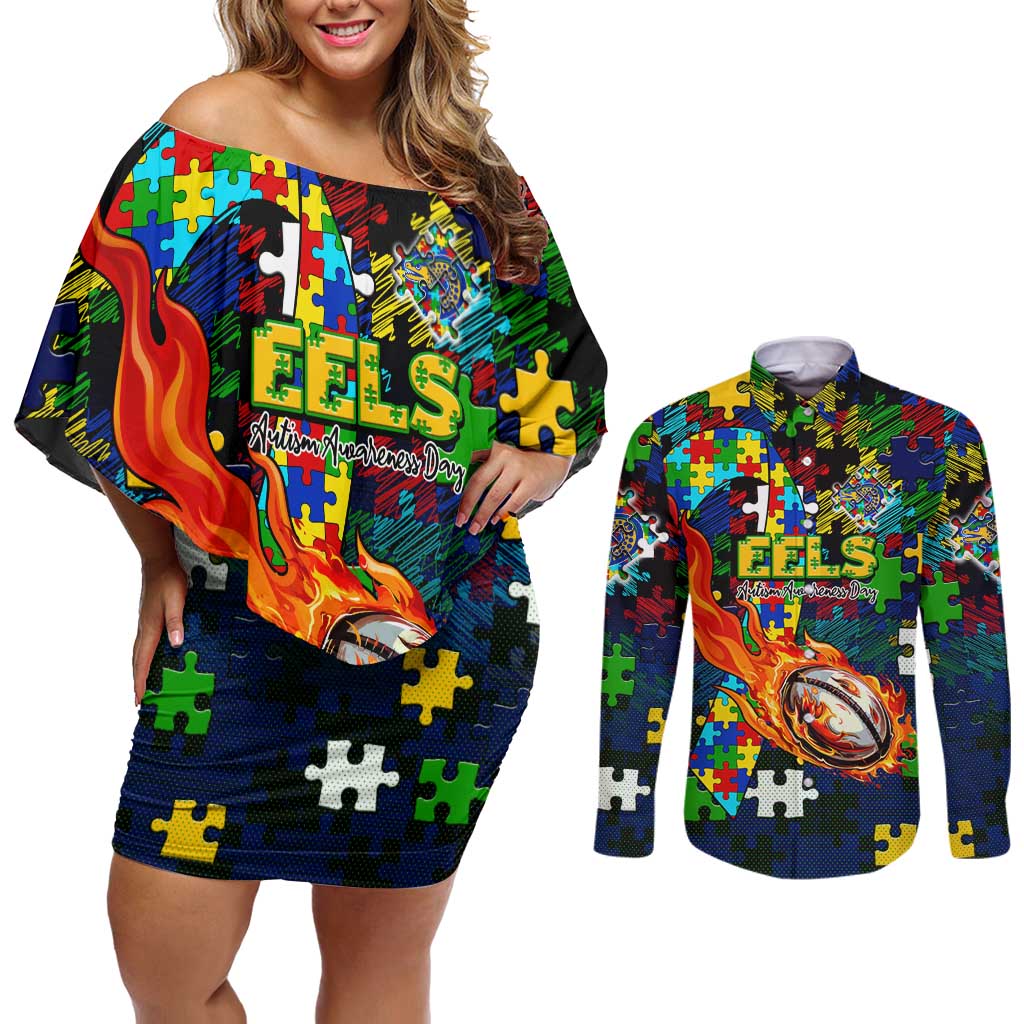 Eels Autism Awareness Couples Matching Off Shoulder Short Dress and Long Sleeve Button Shirt Puzzle Flames Rugby Ball
