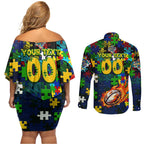 Eels Autism Awareness Couples Matching Off Shoulder Short Dress and Long Sleeve Button Shirt Puzzle Flames Rugby Ball