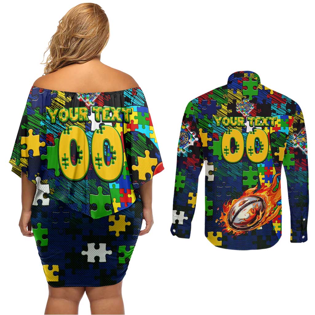 Eels Autism Awareness Couples Matching Off Shoulder Short Dress and Long Sleeve Button Shirt Puzzle Flames Rugby Ball
