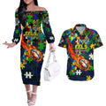 Eels Autism Awareness Couples Matching Off The Shoulder Long Sleeve Dress and Hawaiian Shirt Puzzle Flames Rugby Ball
