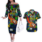 Eels Autism Awareness Couples Matching Off The Shoulder Long Sleeve Dress and Hawaiian Shirt Puzzle Flames Rugby Ball