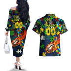 Eels Autism Awareness Couples Matching Off The Shoulder Long Sleeve Dress and Hawaiian Shirt Puzzle Flames Rugby Ball
