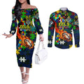 Eels Autism Awareness Couples Matching Off The Shoulder Long Sleeve Dress and Long Sleeve Button Shirt Puzzle Flames Rugby Ball
