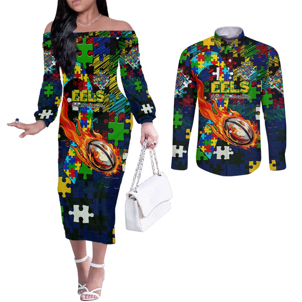 Eels Autism Awareness Couples Matching Off The Shoulder Long Sleeve Dress and Long Sleeve Button Shirt Puzzle Flames Rugby Ball