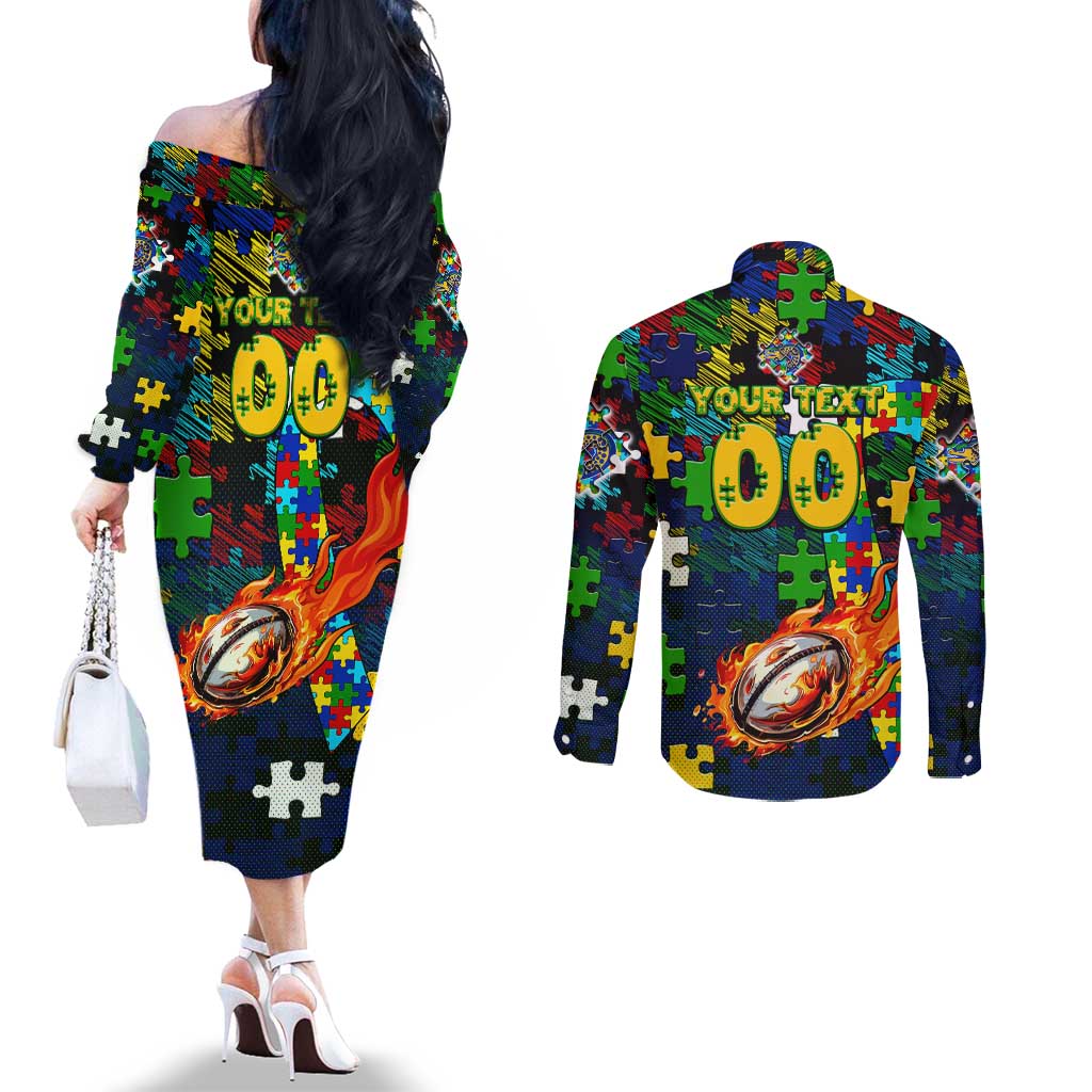 Eels Autism Awareness Couples Matching Off The Shoulder Long Sleeve Dress and Long Sleeve Button Shirt Puzzle Flames Rugby Ball
