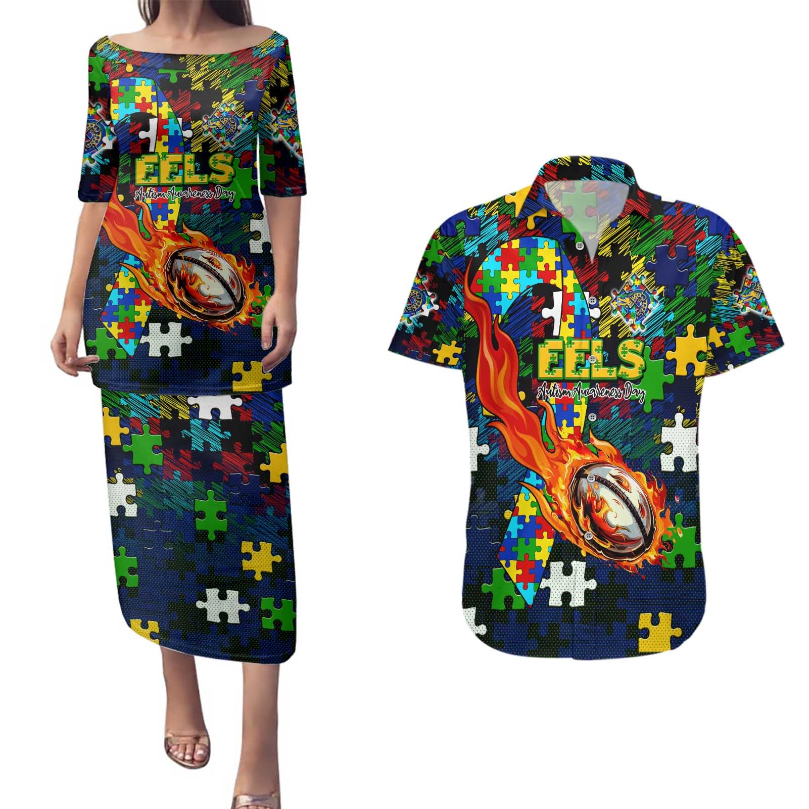 Eels Autism Awareness Couples Matching Puletasi and Hawaiian Shirt Puzzle Flames Rugby Ball