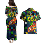 Eels Autism Awareness Couples Matching Puletasi and Hawaiian Shirt Puzzle Flames Rugby Ball