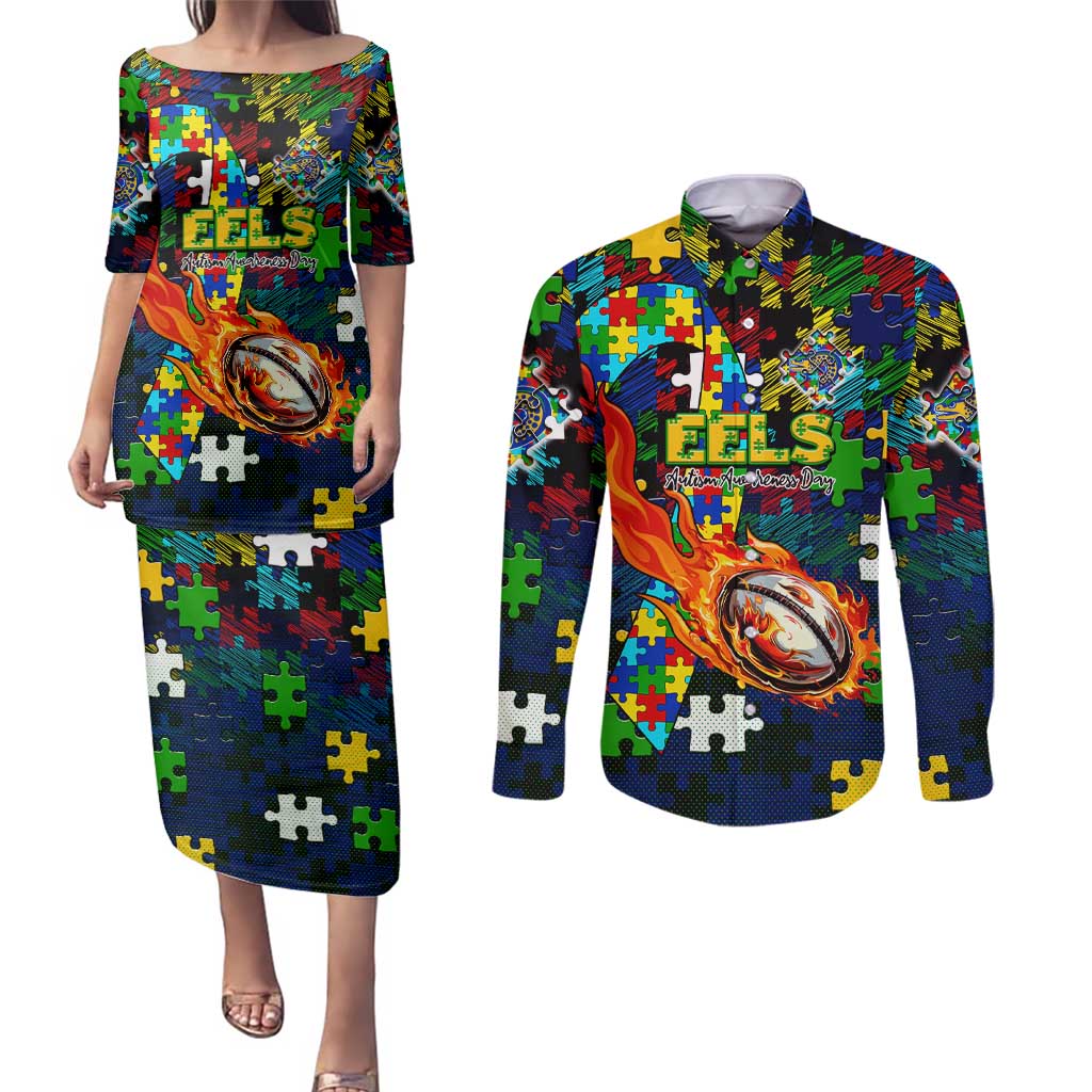 Eels Autism Awareness Couples Matching Puletasi and Long Sleeve Button Shirt Puzzle Flames Rugby Ball