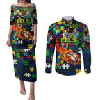 Eels Autism Awareness Couples Matching Puletasi and Long Sleeve Button Shirt Puzzle Flames Rugby Ball