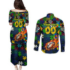 Eels Autism Awareness Couples Matching Puletasi and Long Sleeve Button Shirt Puzzle Flames Rugby Ball