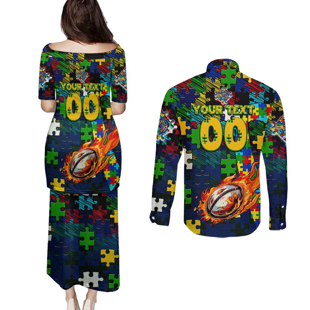 Eels Autism Awareness Couples Matching Puletasi and Long Sleeve Button Shirt Puzzle Flames Rugby Ball
