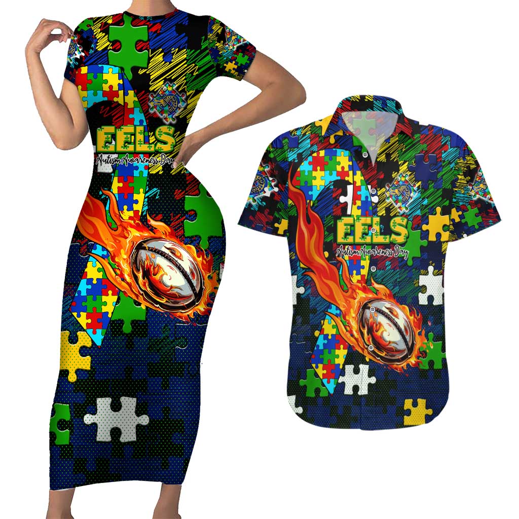 Eels Autism Awareness Couples Matching Short Sleeve Bodycon Dress and Hawaiian Shirt Puzzle Flames Rugby Ball
