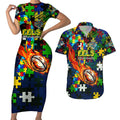 Eels Autism Awareness Couples Matching Short Sleeve Bodycon Dress and Hawaiian Shirt Puzzle Flames Rugby Ball