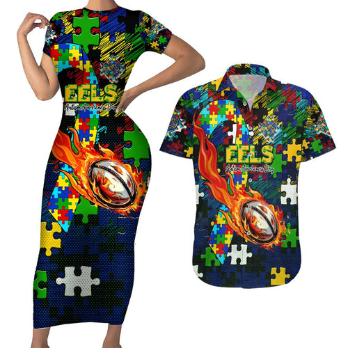 Eels Autism Awareness Couples Matching Short Sleeve Bodycon Dress and Hawaiian Shirt Puzzle Flames Rugby Ball