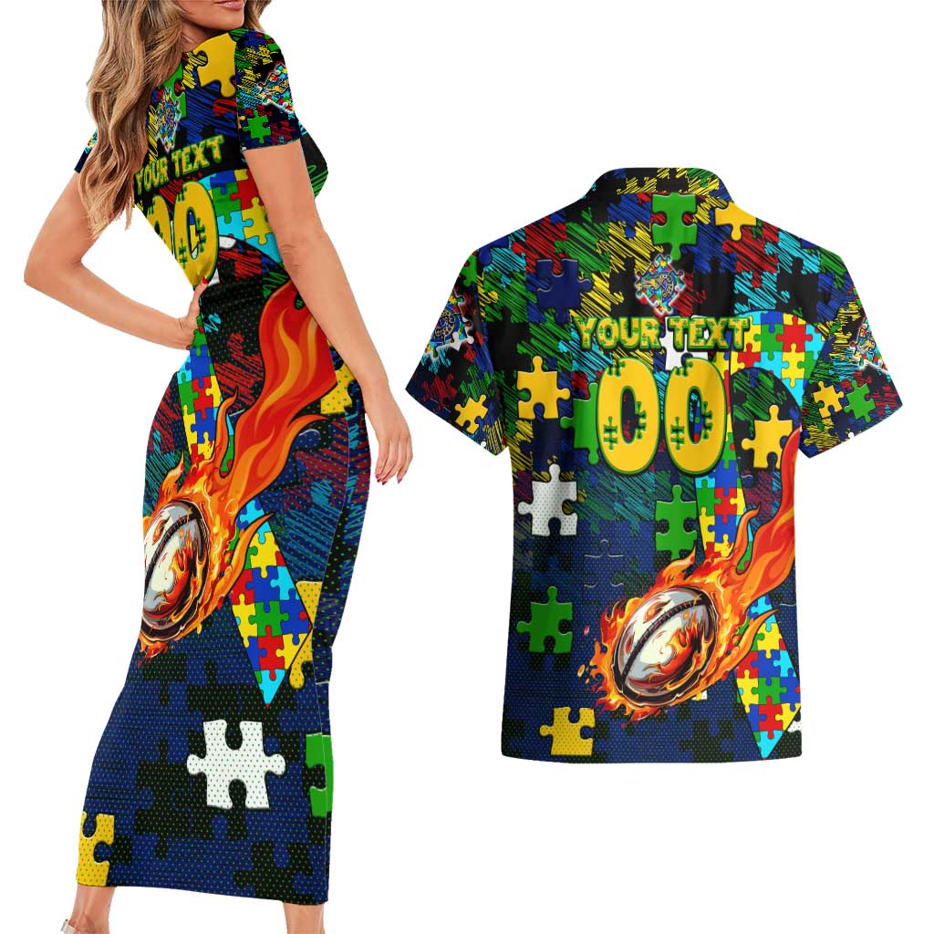Eels Autism Awareness Couples Matching Short Sleeve Bodycon Dress and Hawaiian Shirt Puzzle Flames Rugby Ball