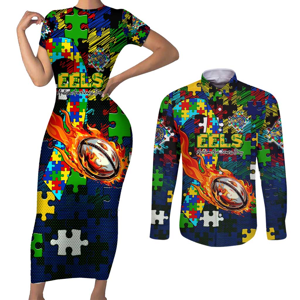 Eels Autism Awareness Couples Matching Short Sleeve Bodycon Dress and Long Sleeve Button Shirt Puzzle Flames Rugby Ball