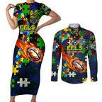 Eels Autism Awareness Couples Matching Short Sleeve Bodycon Dress and Long Sleeve Button Shirt Puzzle Flames Rugby Ball
