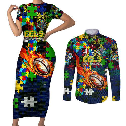 Eels Autism Awareness Couples Matching Short Sleeve Bodycon Dress and Long Sleeve Button Shirt Puzzle Flames Rugby Ball