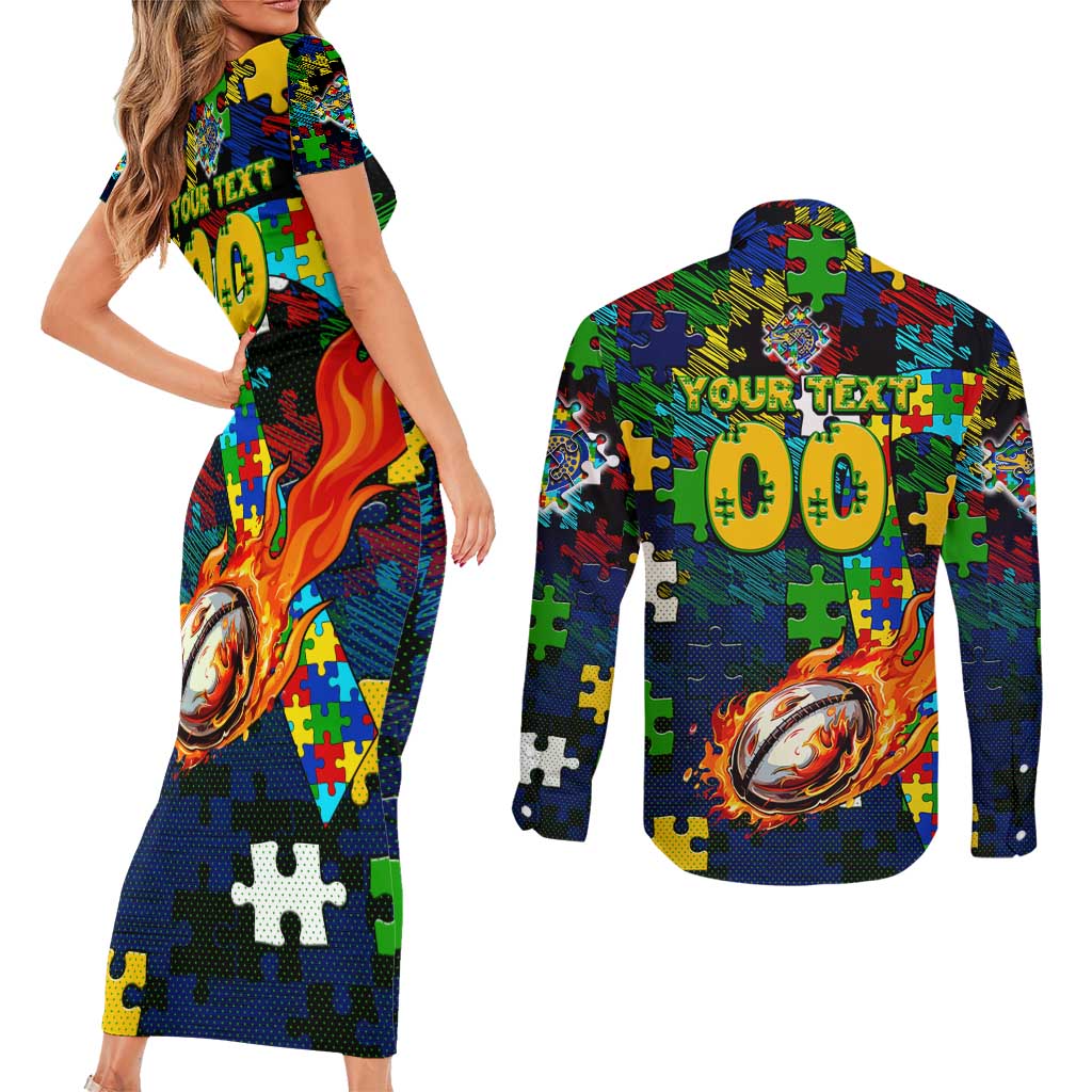 Eels Autism Awareness Couples Matching Short Sleeve Bodycon Dress and Long Sleeve Button Shirt Puzzle Flames Rugby Ball